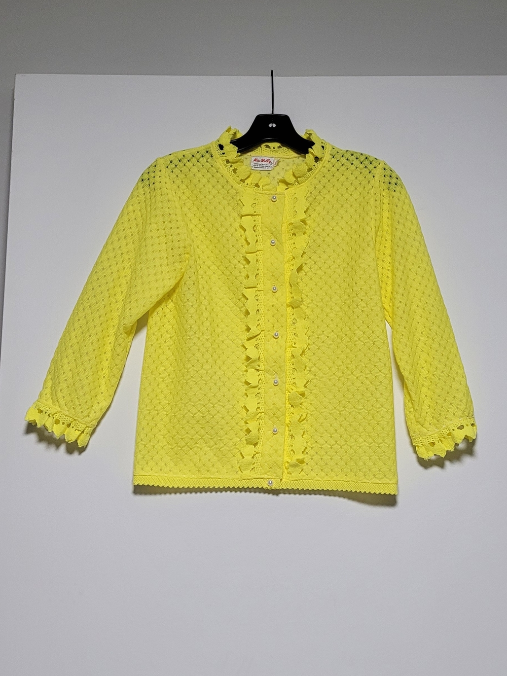 Vintage Miss Holly Yellow Ruffle-Trim Blouse/ Cardigan With Dainty Pearl Buttons